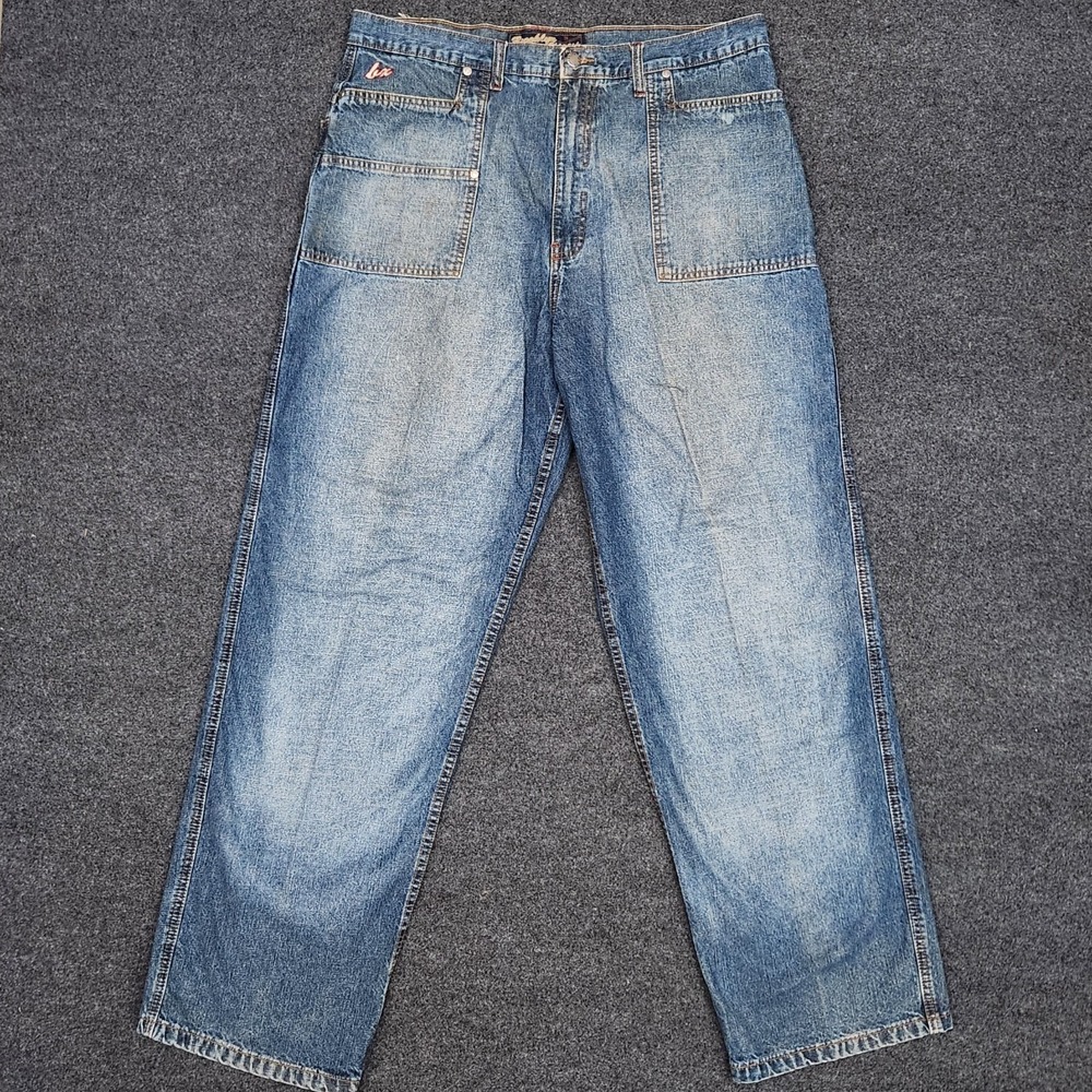 Vintage Brooklyn‎ Xpress Mens 38 Blue Denim Jeans Grunge Worn Fade Embroidered